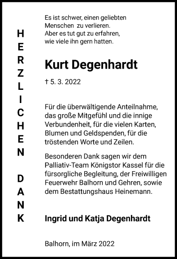 Traueranzeige von Kurt Degenhardt von HNA