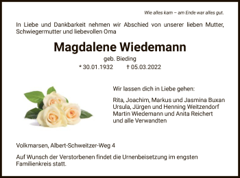 Traueranzeige von Magdalene Wiedemann von HNA