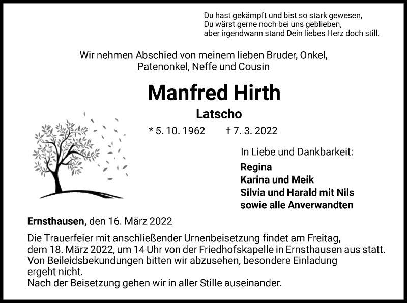  Traueranzeige für Manfred Hirth vom 16.03.2022 aus HNA