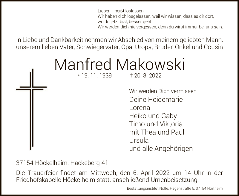  Traueranzeige für Manfred Makowski vom 26.03.2022 aus HNA