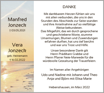 Traueranzeige von Manfred und Vera Jonzeck von HNA