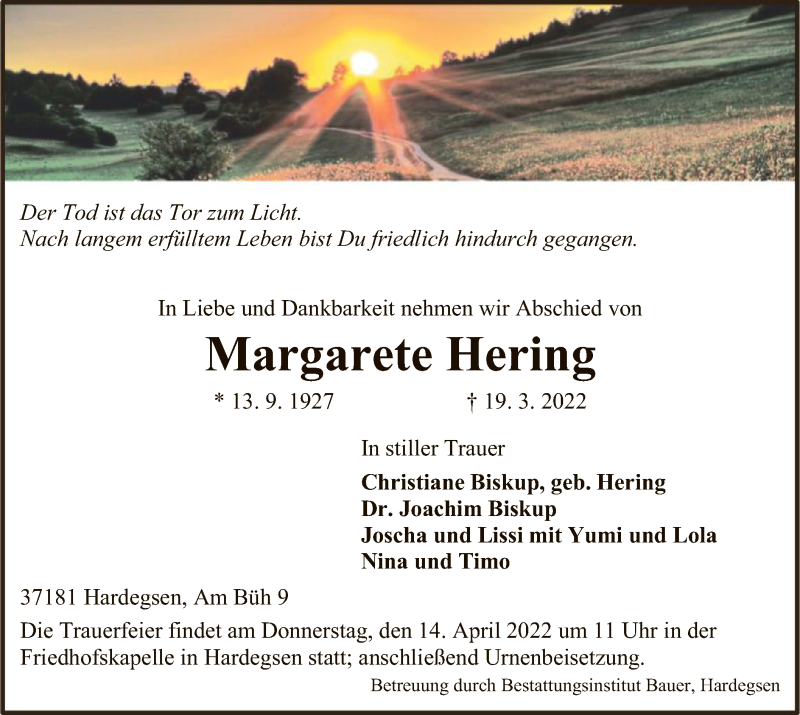  Traueranzeige für Margarete Hering vom 26.03.2022 aus HNA