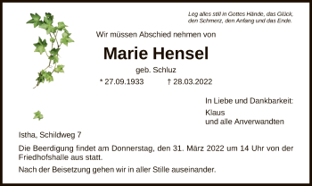 Traueranzeige von Marie Hensel von HNA