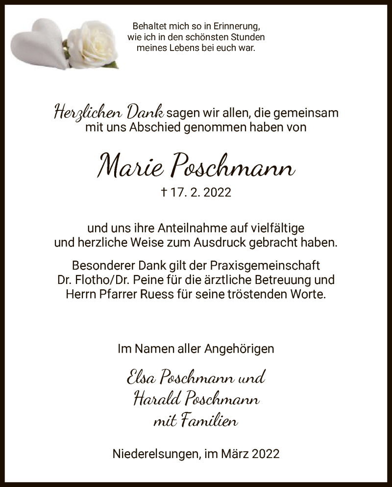  Traueranzeige für Marie Poschmann vom 05.03.2022 aus HNA