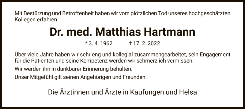  Traueranzeige für Matthias Hartmann vom 02.03.2022 aus HNA