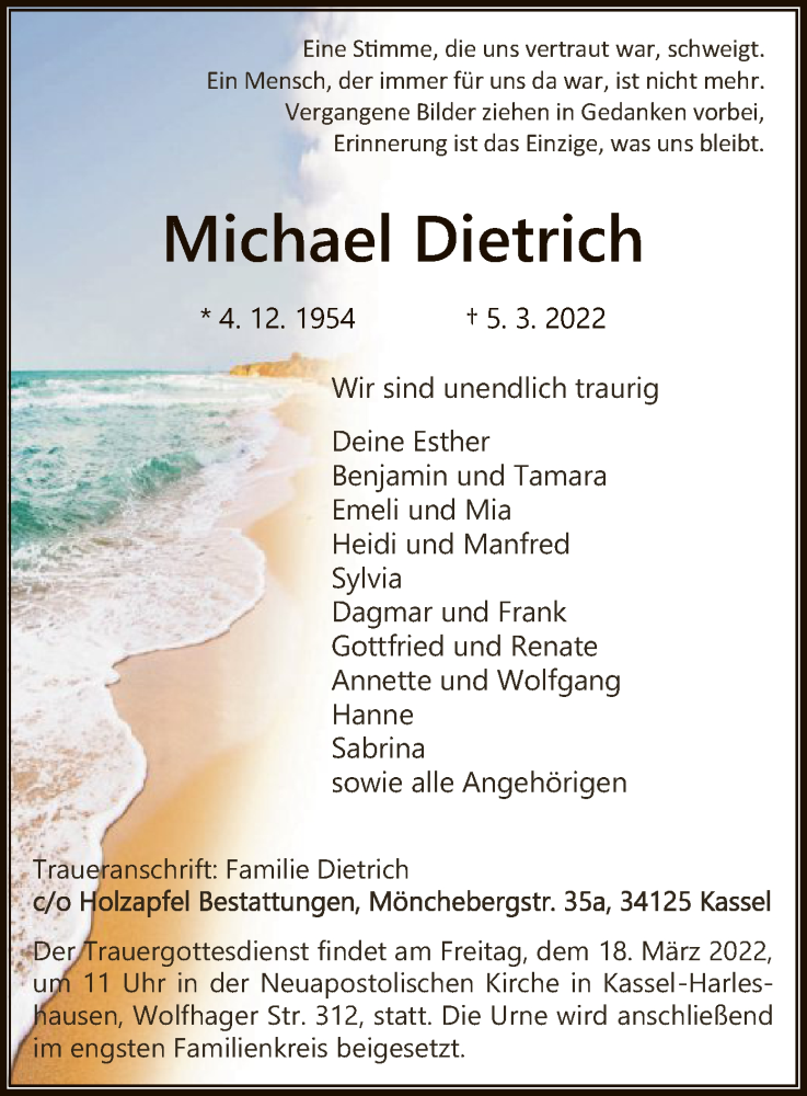  Traueranzeige für Michael Dietrich vom 12.03.2022 aus HNA