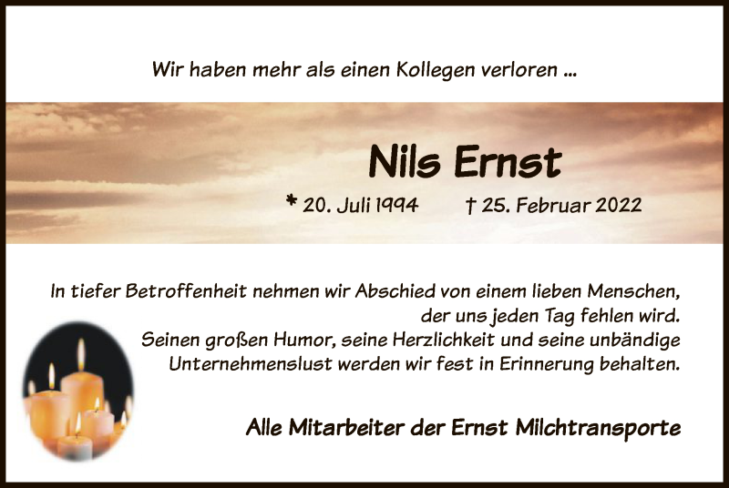  Traueranzeige für Nils Ernst vom 04.03.2022 aus HNA