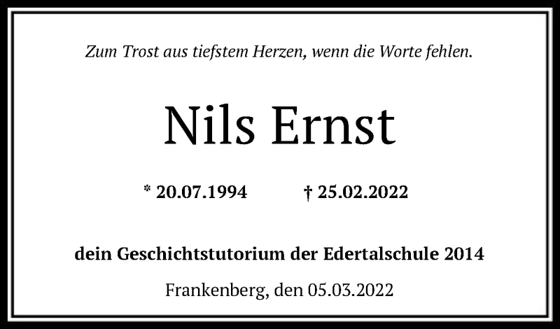  Traueranzeige für Nils Ernst vom 05.03.2022 aus HNA