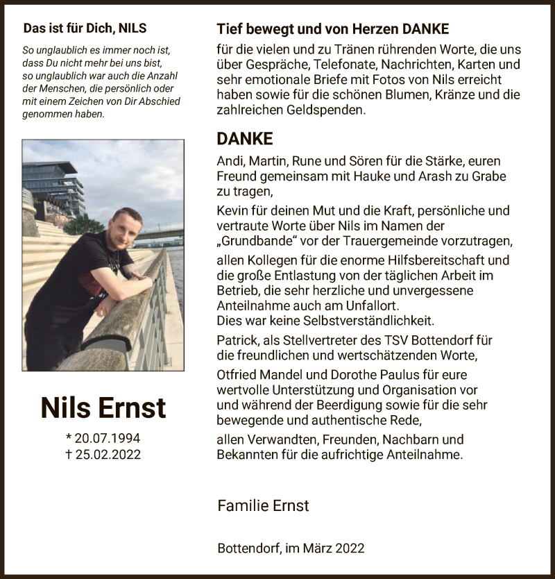  Traueranzeige für Nils Ernst vom 26.03.2022 aus HNA