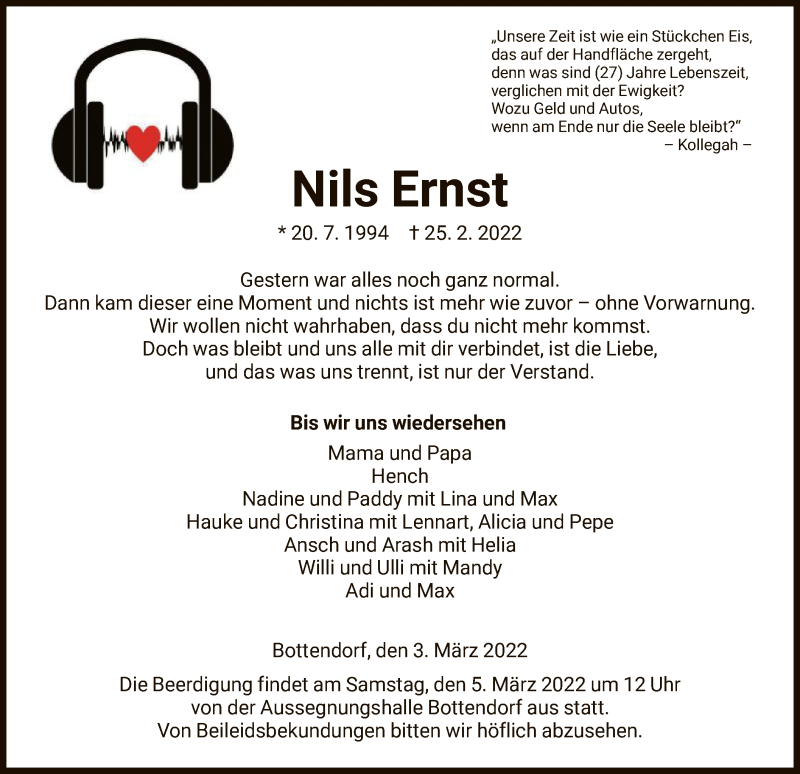  Traueranzeige für Nils Ernst vom 03.03.2022 aus HNA