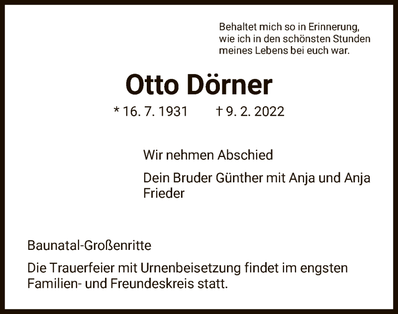  Traueranzeige für Otto Dörner vom 05.03.2022 aus HNA
