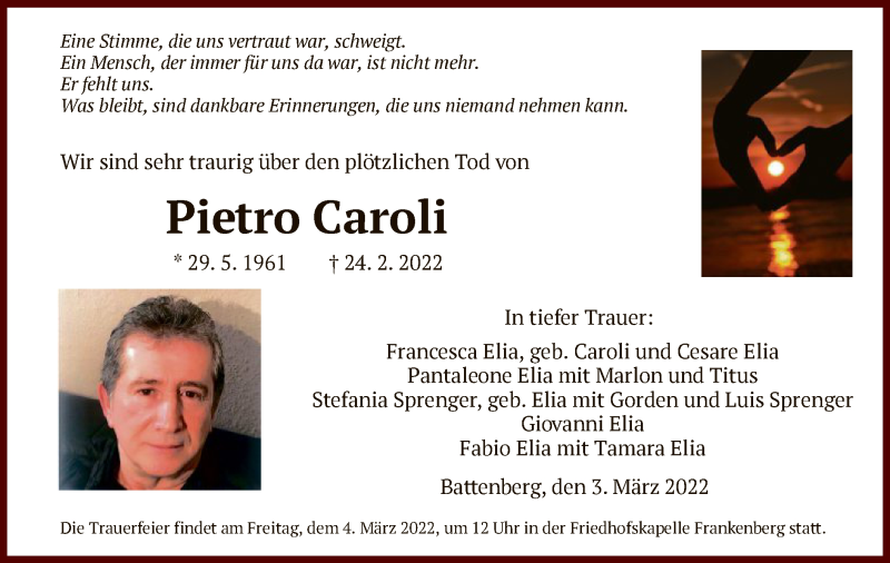  Traueranzeige für Pietro Caroli vom 03.03.2022 aus HNA
