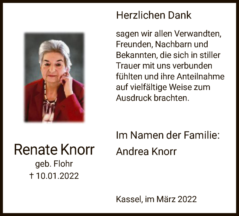  Traueranzeige für Renate Knorr vom 05.03.2022 aus HNA
