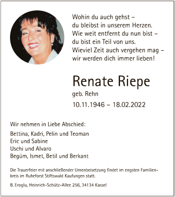 Traueranzeige von Renate Riepe von HNA