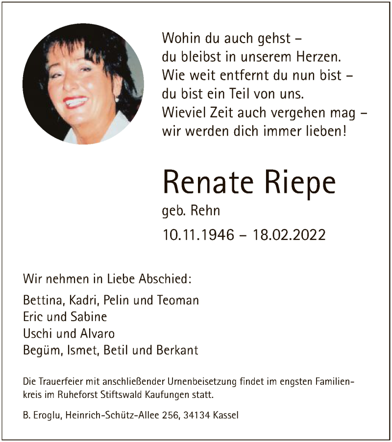  Traueranzeige für Renate Riepe vom 05.03.2022 aus HNA