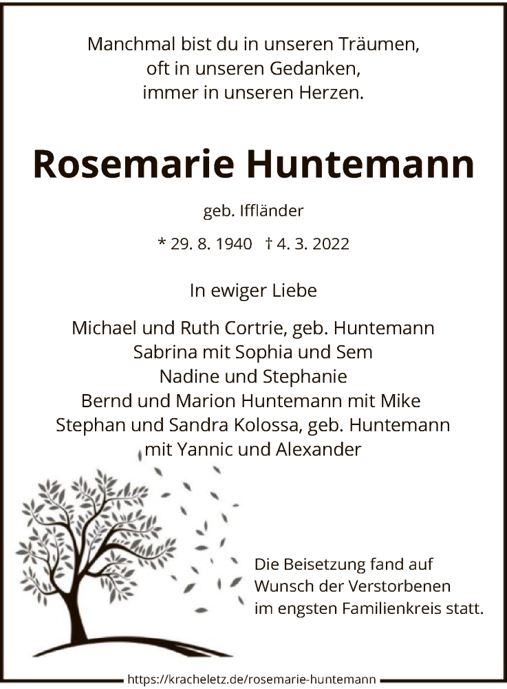  Traueranzeige für Rosemarie Huntemann vom 26.03.2022 aus HNA