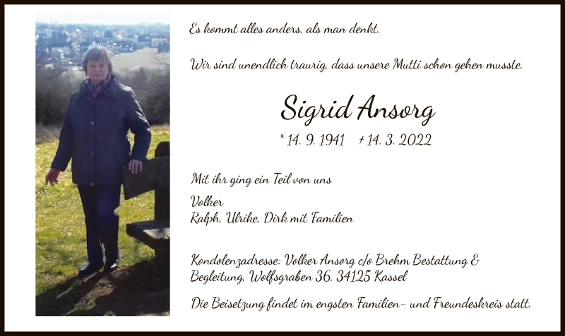  Traueranzeige für Sigrid Ansorg vom 19.03.2022 aus HNA