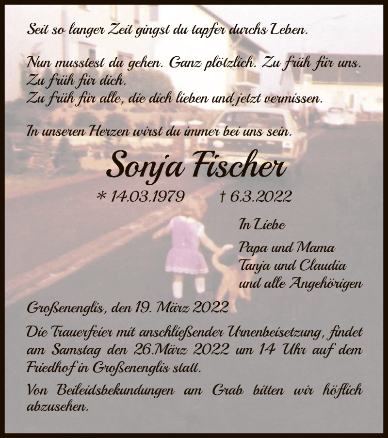  Traueranzeige für Sonja Fischer vom 19.03.2022 aus HNA