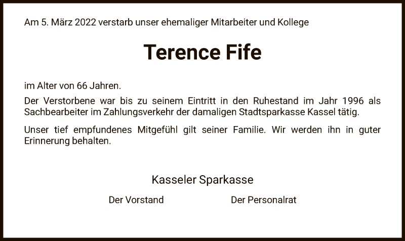  Traueranzeige für Terence Fife vom 26.03.2022 aus HNA
