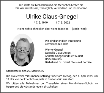Traueranzeige von Ulrike Claus-Gnegel von HNA