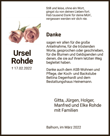 Traueranzeige von Ursel Rohde von HNA