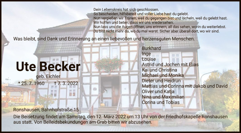  Traueranzeige für Ute Becker vom 10.03.2022 aus HNA