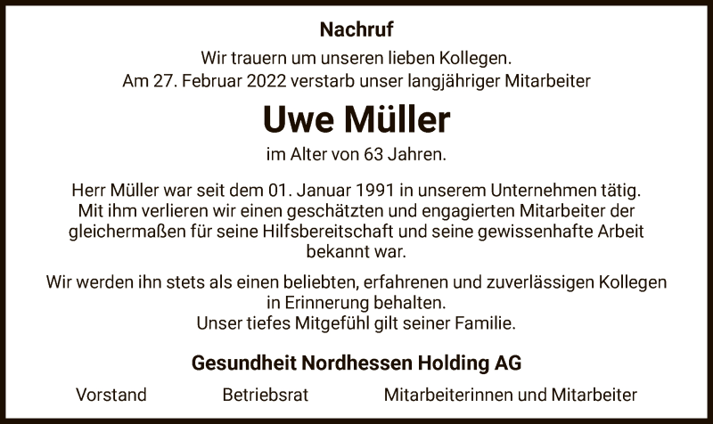  Traueranzeige für Uwe Müller vom 08.03.2022 aus HNA