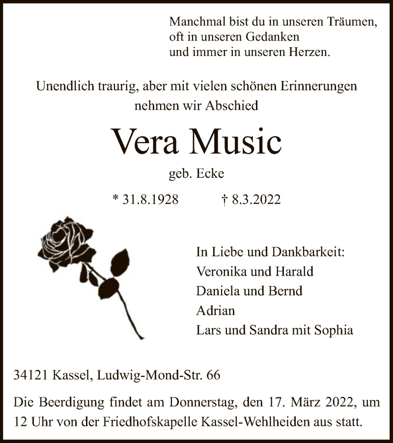  Traueranzeige für Vera Music vom 12.03.2022 aus HNA