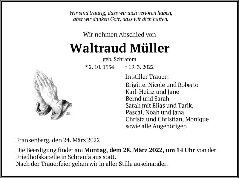  Traueranzeige für Waltraud Müller vom 24.03.2022 aus HNA