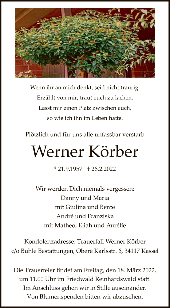  Traueranzeige für Werner Körber vom 05.03.2022 aus HNA