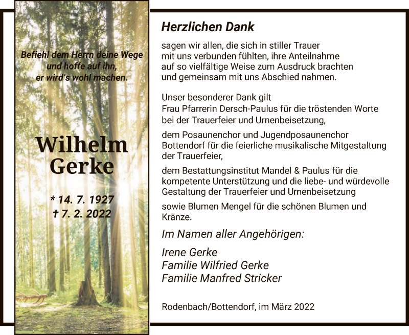  Traueranzeige für Wilhelm Gerke vom 05.03.2022 aus HNA
