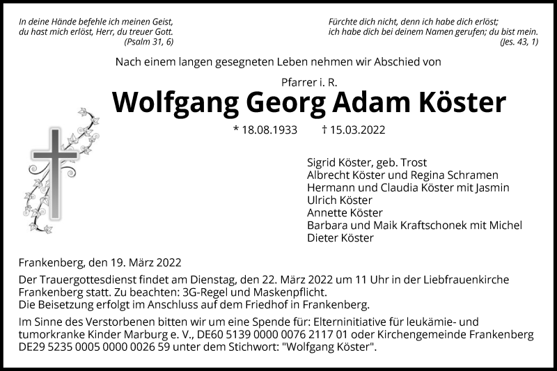  Traueranzeige für Wolfgang Georg Adam Köster vom 19.03.2022 aus HNA