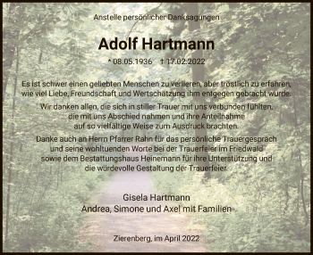 Traueranzeige von Adolf Hartmann von HNA