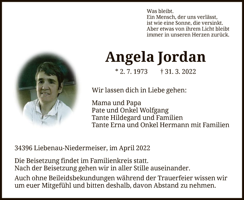  Traueranzeige für Angela Jordan vom 07.04.2022 aus HNA