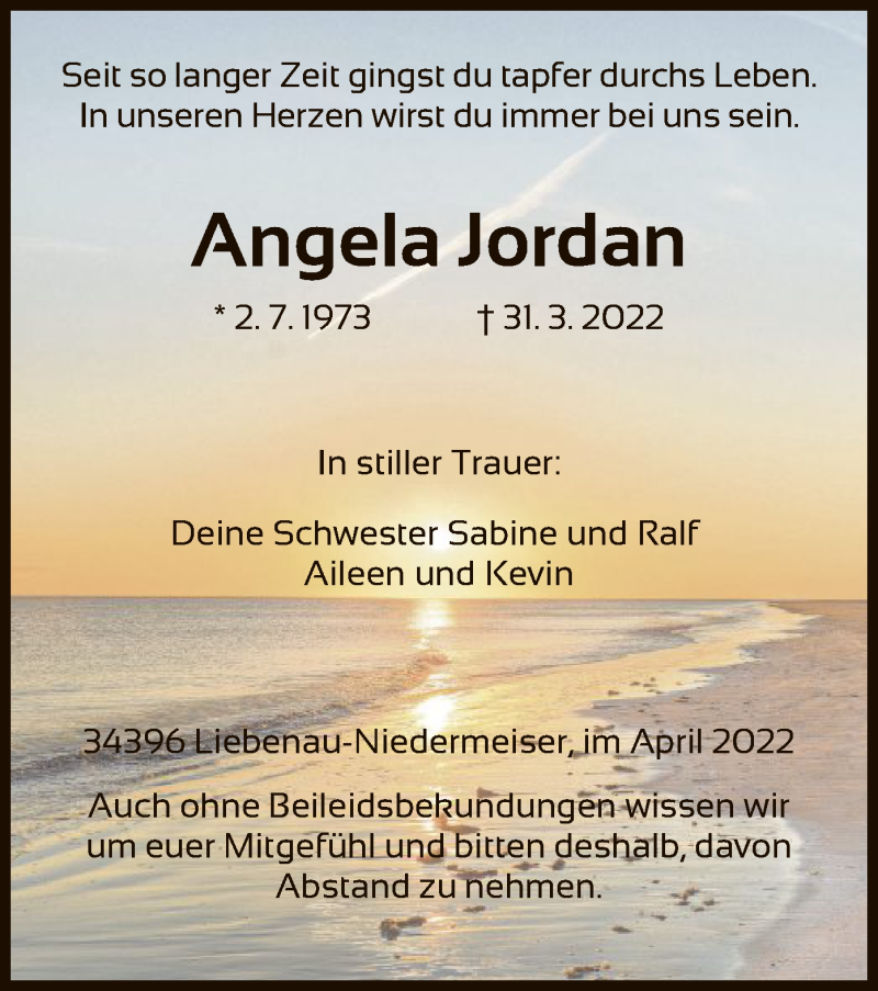  Traueranzeige für Angela Jordan vom 07.04.2022 aus HNA