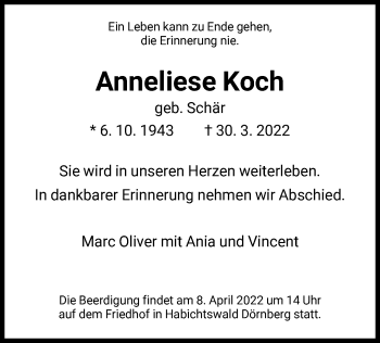 Traueranzeige von Anneliese Koch von HNA