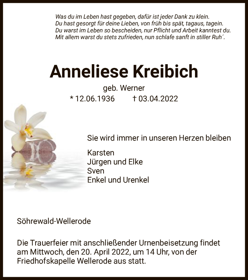  Traueranzeige für Anneliese Kreibich vom 16.04.2022 aus HNA