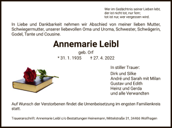Traueranzeige von Annemarie Leibl von HNA
