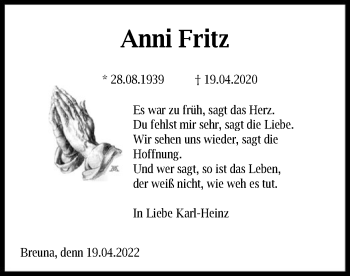 Traueranzeige von Anni Fritz von HNA