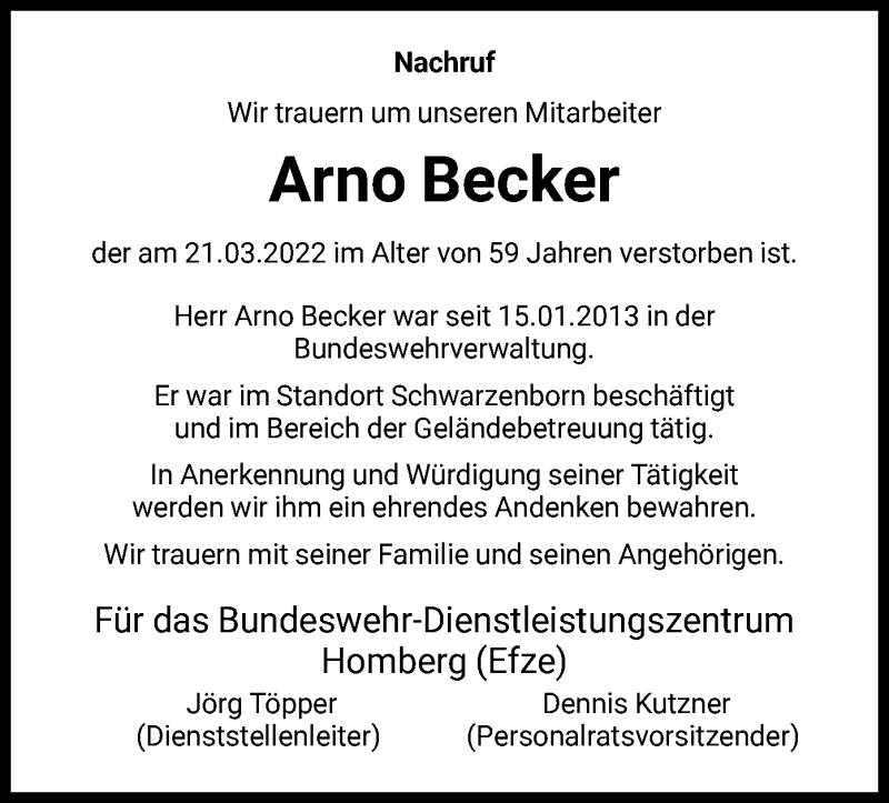  Traueranzeige für Arno Becker vom 31.03.2022 aus HNA