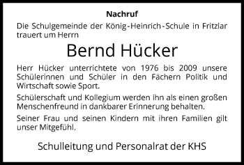 Traueranzeige von Bernd Hücker von HNA