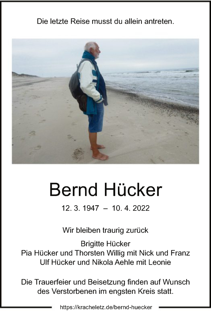  Traueranzeige für Bernd Hücker vom 16.04.2022 aus HNA