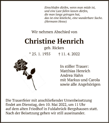 Traueranzeige von Christine Henrich von HNA