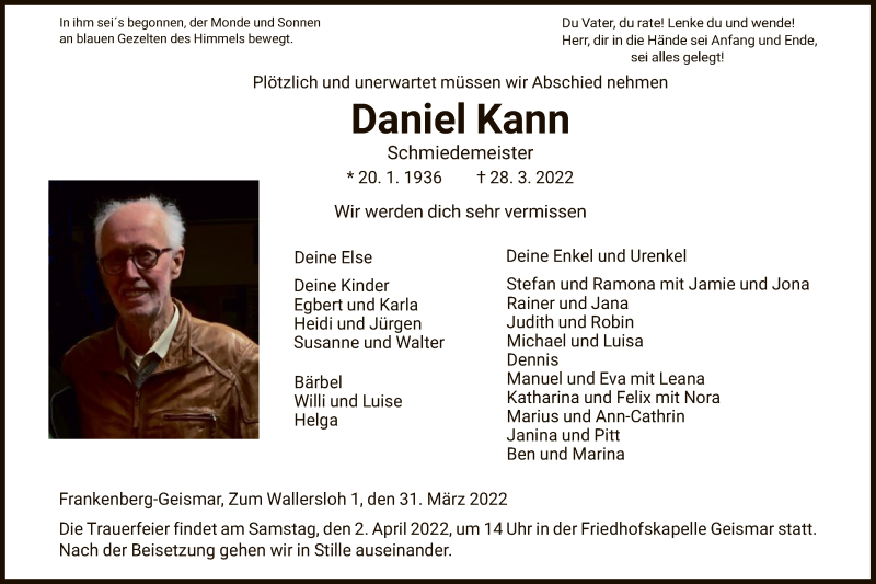  Traueranzeige für Daniel Kann vom 31.03.2022 aus HNA