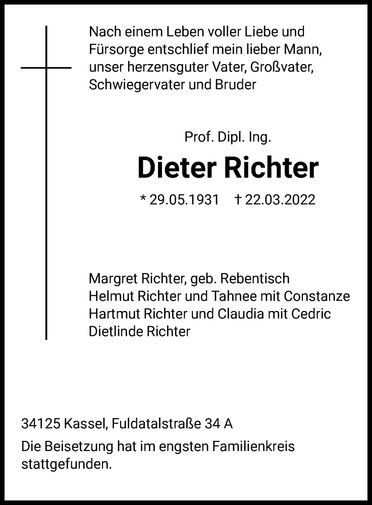  Traueranzeige für Dieter Richter vom 02.04.2022 aus HNA