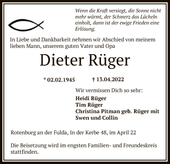 Traueranzeige von Dieter Rüger von HNA