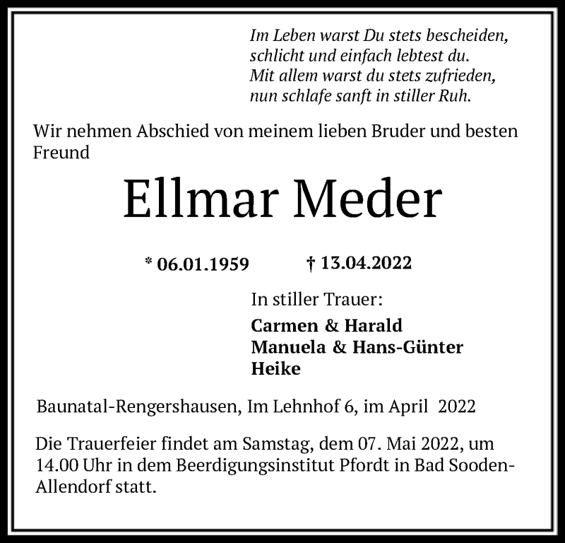  Traueranzeige für Ellmar Meder vom 30.04.2022 aus HNA