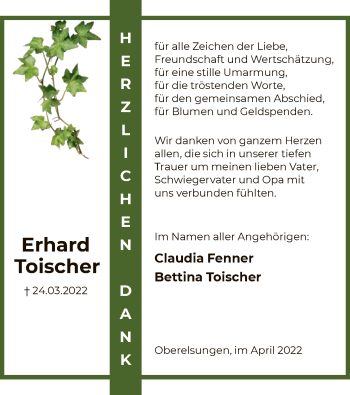 Traueranzeige von Erhard Toischer von HNA