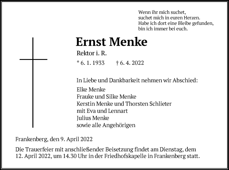  Traueranzeige für Ernst Menke vom 09.04.2022 aus HNA