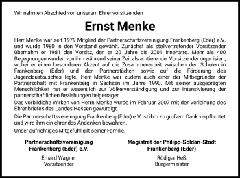 Traueranzeige von Ernst Menke von HNA